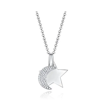 Sterling Silver Cubic Zirconia Moon and Star 19" Pendant