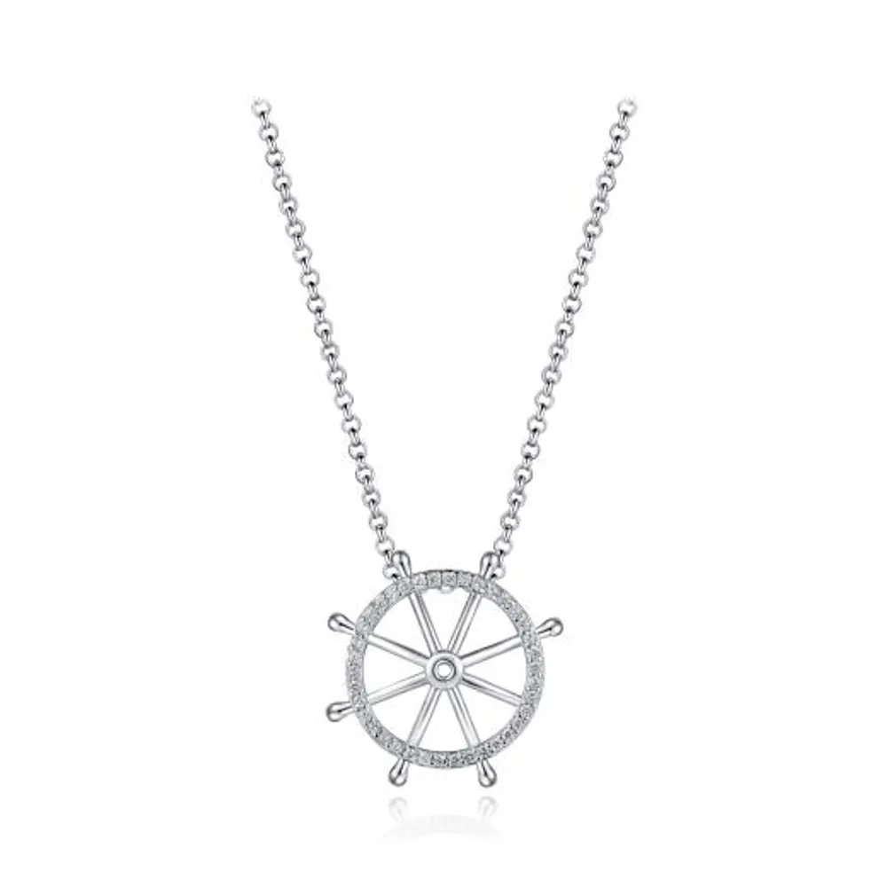 Sterling Silver Cubic Zirconia Ship Wheel 19" Pendant