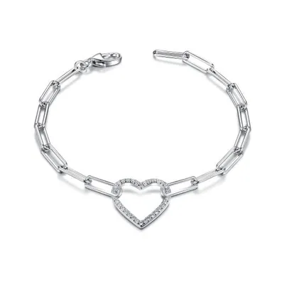 Sterling Silver Cubic Zirconia Heart Link 7" Bracelet