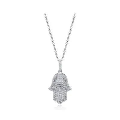 Sterling Silver Cubic Zirconia Hamsa 19" Pendant