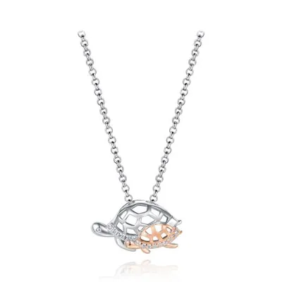 Sterling Silver Rose Plated Cubic Zirconia Turtle 19" Pendant