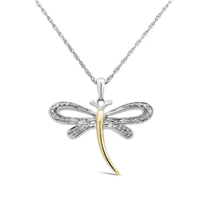 Sterling Silver & Yellow Gold Plated Diamond Dragonfly Pendant