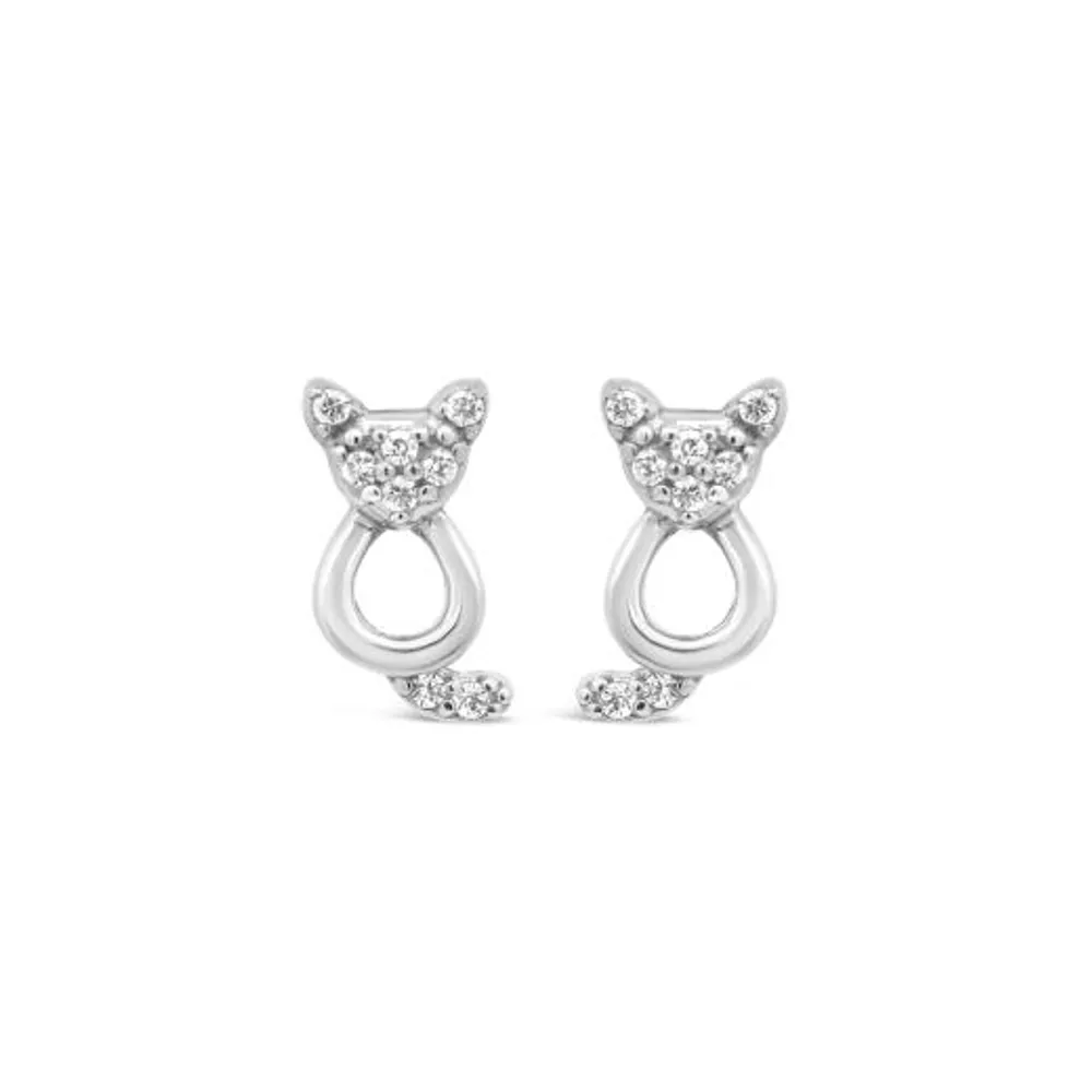 Charming Friends Sterling Silver Diamond Cat Stud Earrings