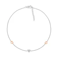 Bella Moda Sterling Silver & 10K Rose Gold Diamond Triple Heart Anklet