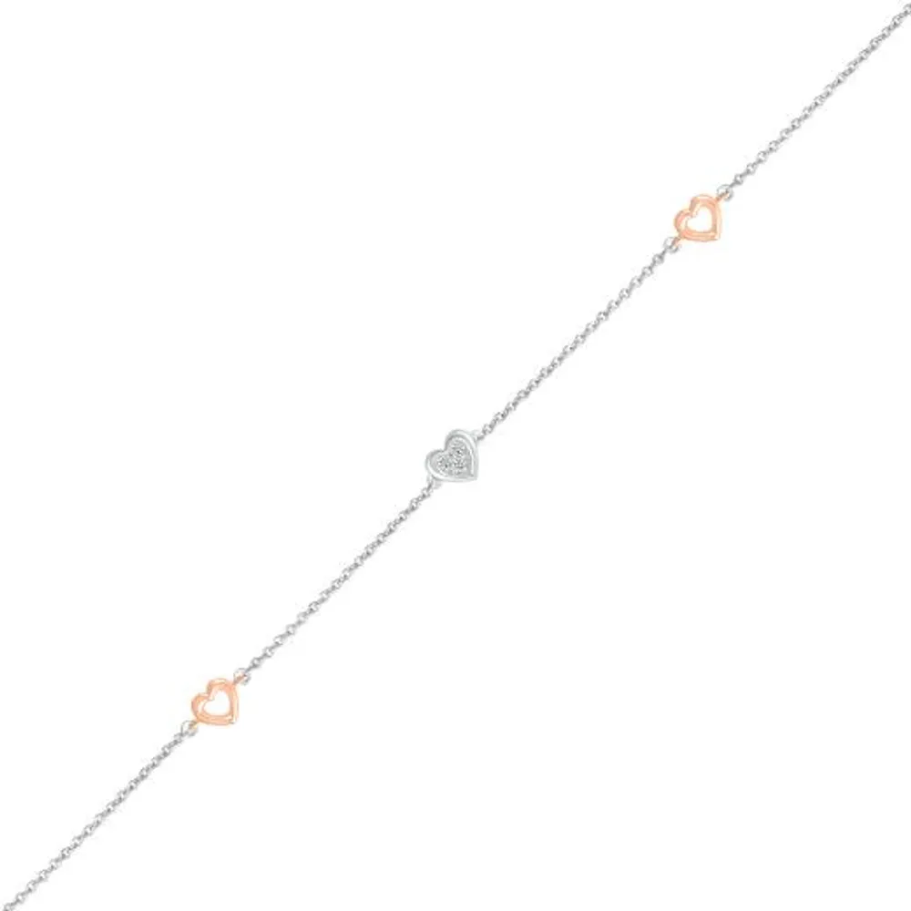 Bella Moda Sterling Silver & 10K Rose Gold Diamond Triple Heart Anklet