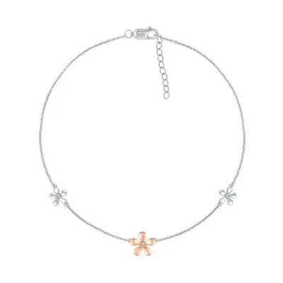 Bella Moda Sterling Silver & 10K Rose Gold Diamond Flower Anklet