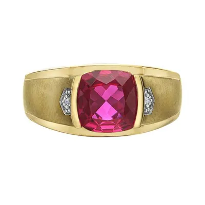 10K Yellow Gold Created Ruby and Diamond Men's Ring