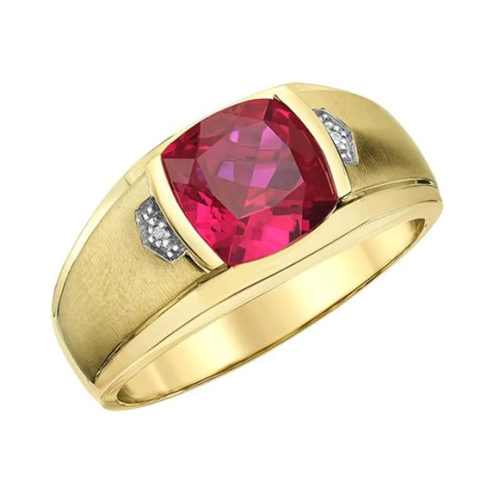 10K Yellow Gold Created Ruby and Diamond Men's Ring