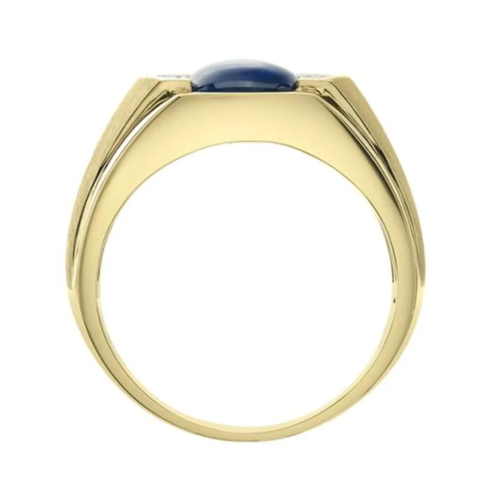 10K Yellow Gold Created Blue Star Sapphire and Diamond Men's Ring