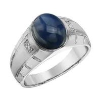 Sterling Silver Created Blue Star Sapphire and Diamond Ring