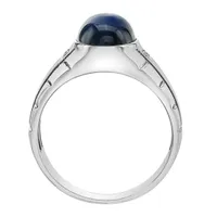 Sterling Silver Created Blue Star Sapphire and Diamond Ring