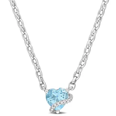 Julianna B Sterling Silver Heart Shape Blue Topaz and Diamond Necklace