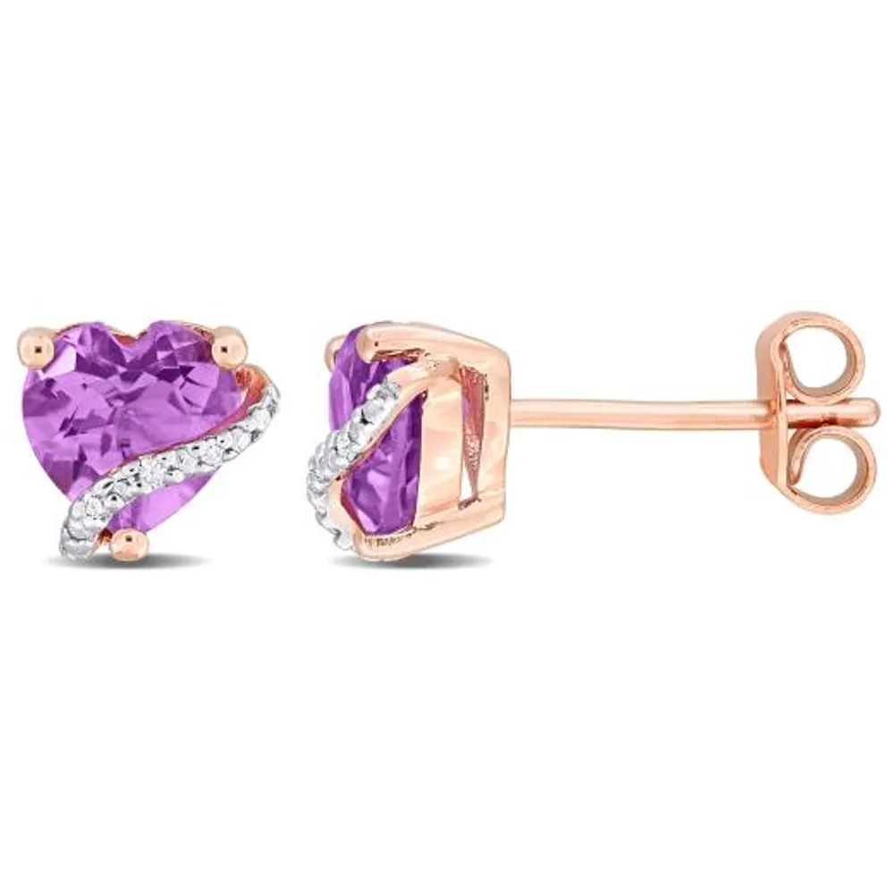 Julianna B Pink Plated Sterling Silver Amethyst and Diamond Heart Earrings