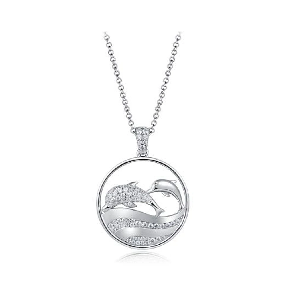 Sterling Silver Cubic Zirconia Dolphin Waves 19" Pendant