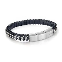 Stainless Steel Curb Link Twisted Leather Bracelet