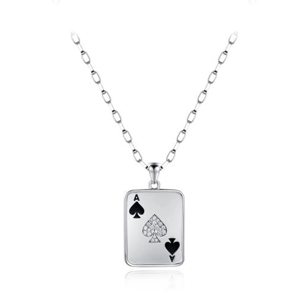 Sterling Silver Cubic Zirconia Ace of Spades 24" Pendant