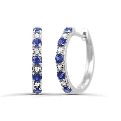 10K White Gold Sapphire & Diamond Hoop Earrings