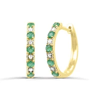 10K Yellow Gold Emerald & Diamond Hoop Earrings