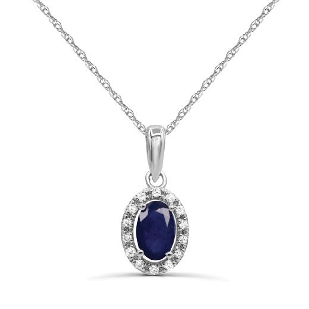 10K White Gold Sapphire & Diamond Halo 18" Pendant