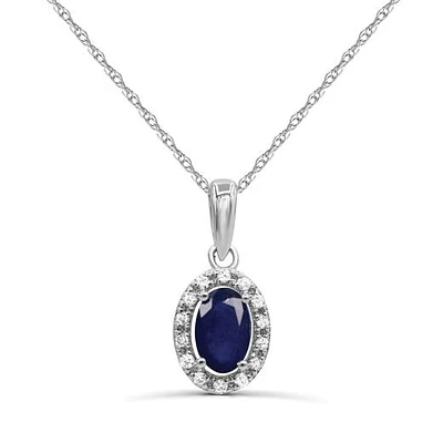 10K White Gold Sapphire & Diamond Halo 18" Pendant