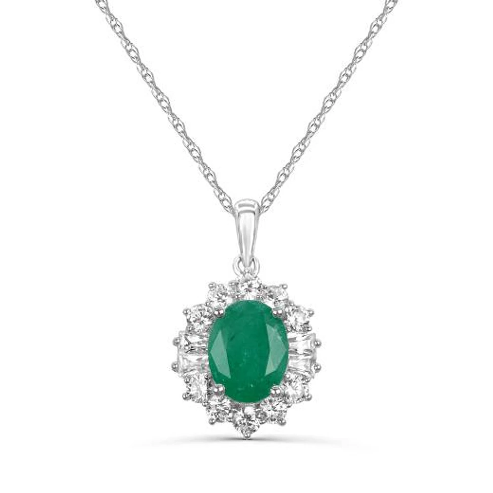 10K White Gold Emerald & Lab Grown Diamond Halo 18" Pendant