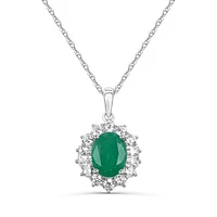 10K White Gold Emerald & Lab Grown Diamond Halo 18" Pendant