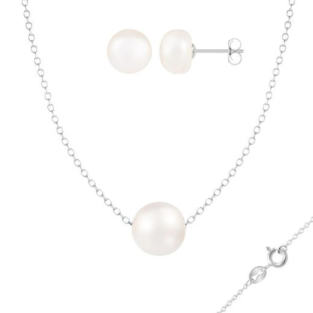 Sterling Silver 8-9mm 18" White Freshwater Pearl Pendant & Earring Set