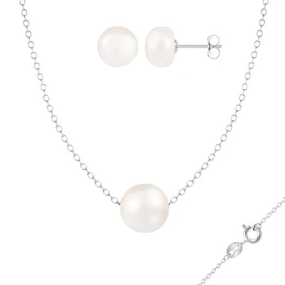 Sterling Silver 8-9mm 18" White Freshwater Pearl Pendant & Earring Set