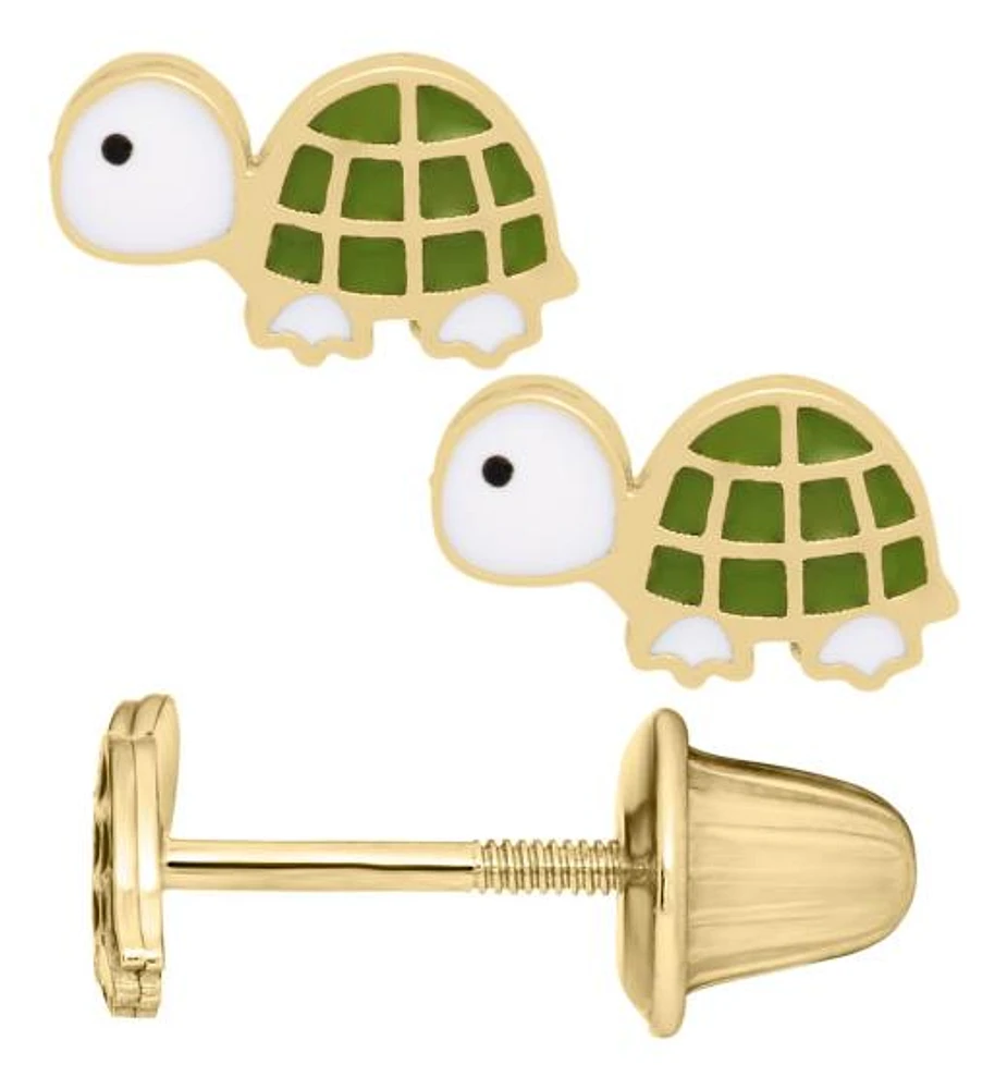 14K Gold Filled Children's Green & White Epoxy Turtle Earrings