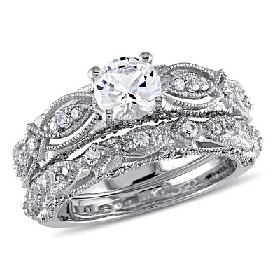 Julianna B 10K White Gold Created Sapphire & Diamond Bridal Set