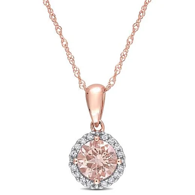 Julianna B 10K Rose Gold Morganite & Diamond Halo 17" Pendant