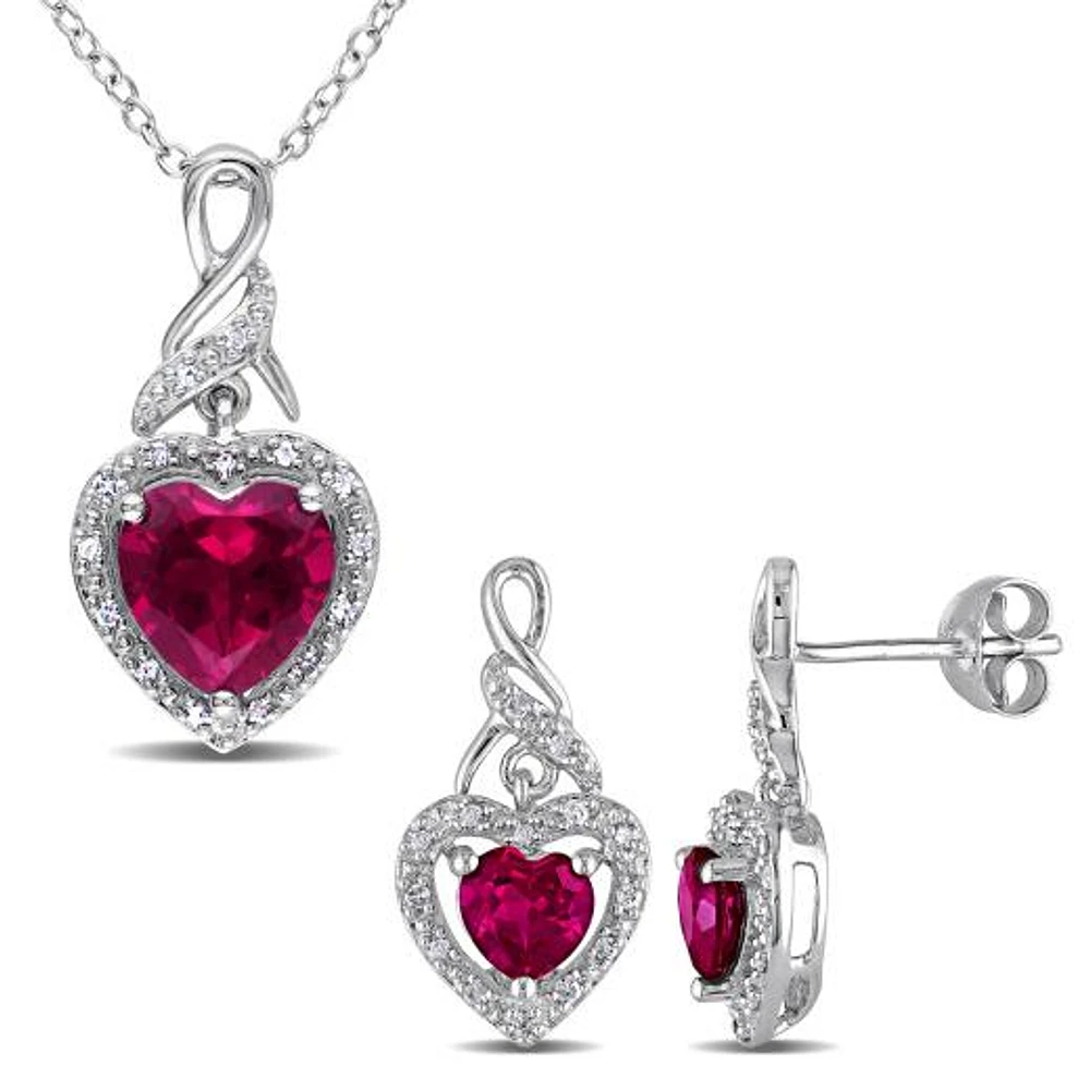 Julianna B Sterling Silver Created Ruby & Diamond Earring and 18" Pendant Set