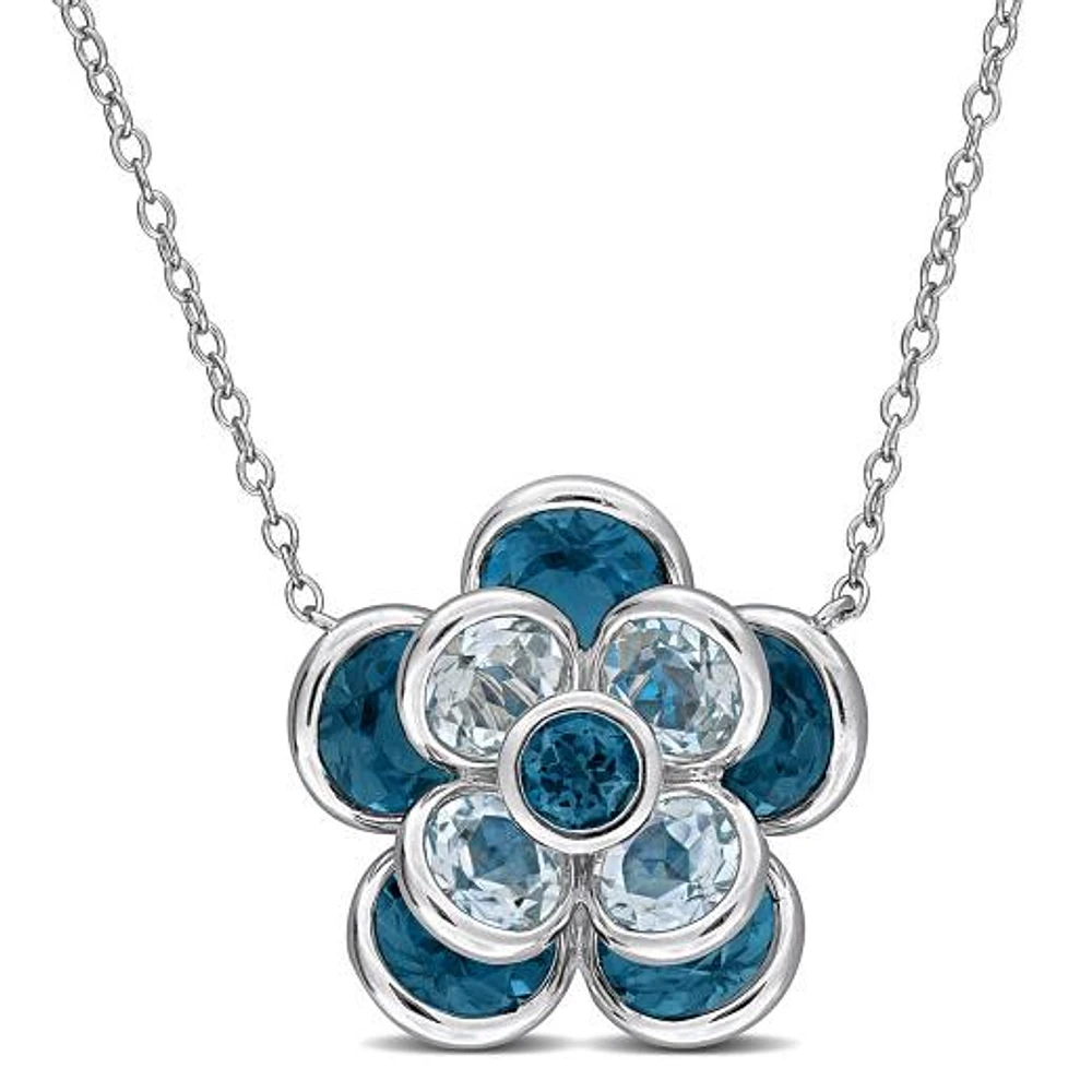 JULIANNA B Sterling Silver London Blue & Sky Blue Topaz Flower 17" Pendant