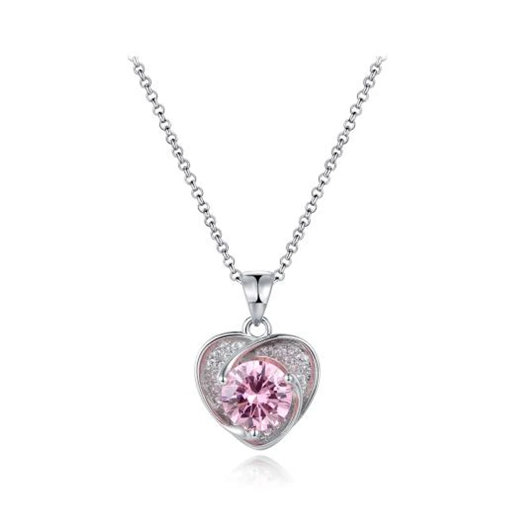 Sterling Silver Pink Cubic Zirconia Heart Halo 19" Pendant