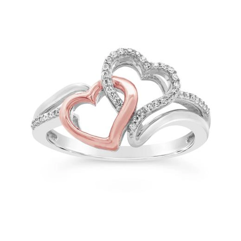 0.10CTW Diamond Double Heart Promise Ring in Sterling Silver & 10K Rose Gold