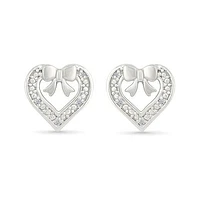 Diamond Heart & Bow Stud Earrings in Sterling Silver