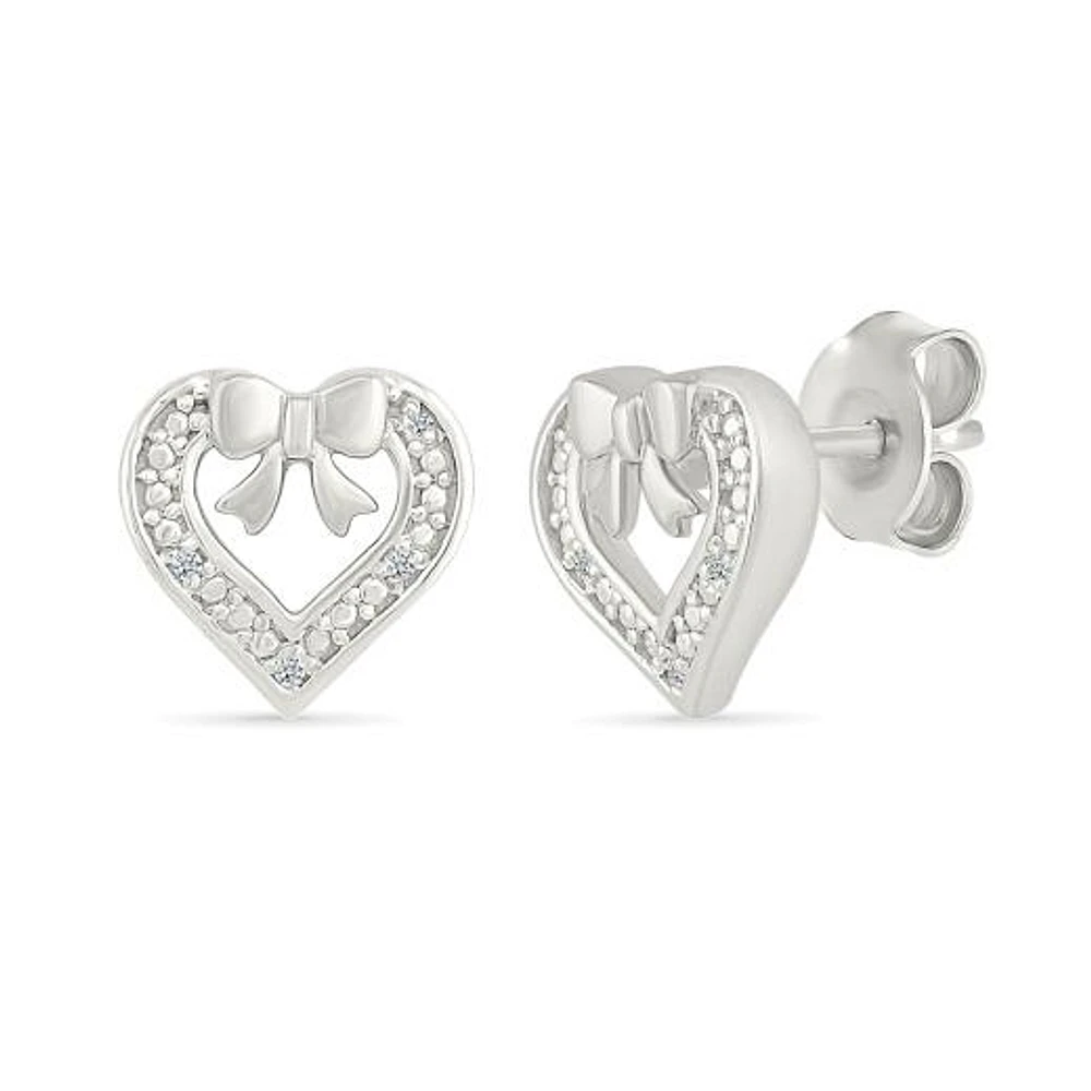 Diamond Heart & Bow Stud Earrings in Sterling Silver