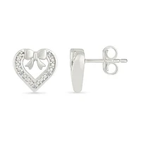 Diamond Heart & Bow Stud Earrings in Sterling Silver