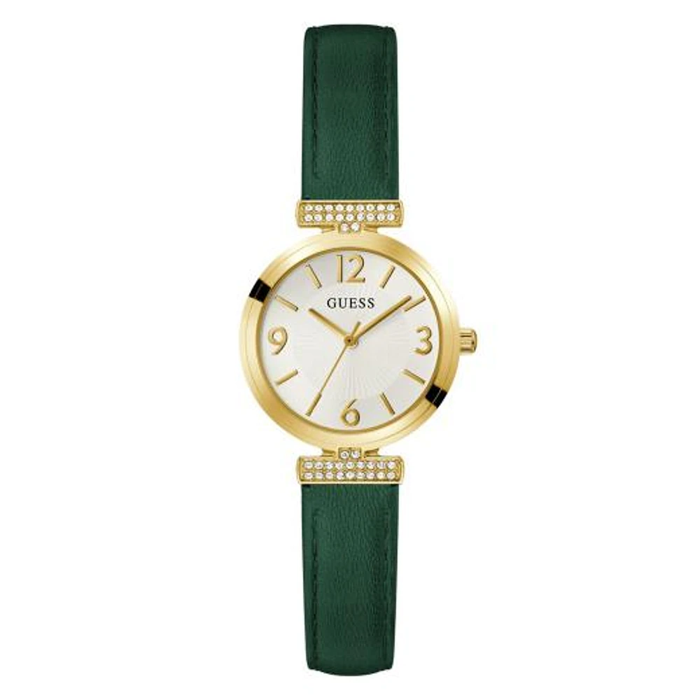 Guess Women's Gold Tone Green Strap Crystal Array Watch