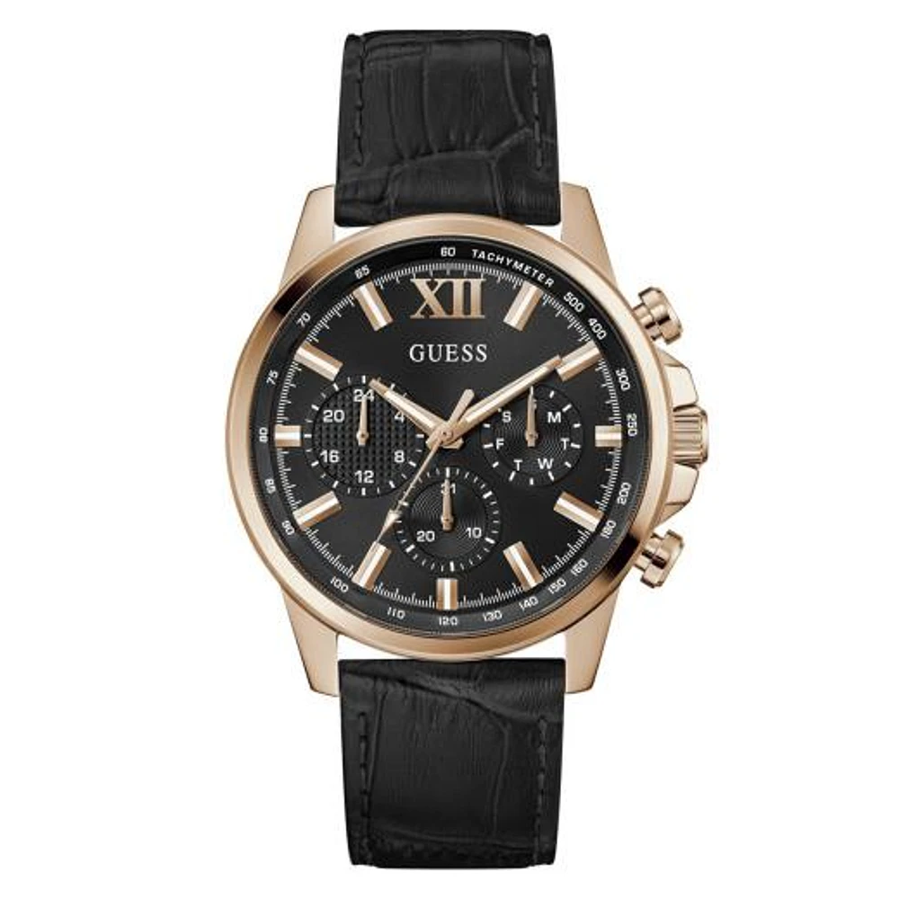 Guess Men's Rose Gold Tone Black Dial Walker Watch