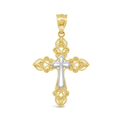 10K Yellow and White Gold Filigree Heart Cross Pendant