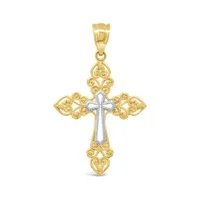 10K Yellow and White Gold Filigree Heart Cross Pendant