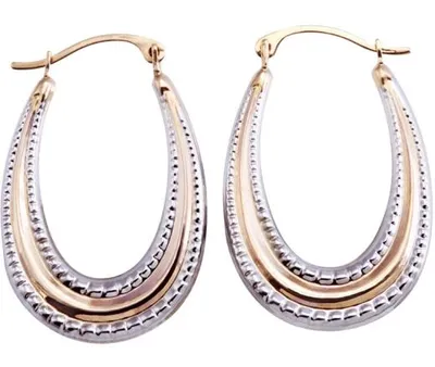 10K Pink White Oval Creole Earrings