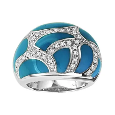 Sterling Silver White Topaz & Blue Enamel Ring