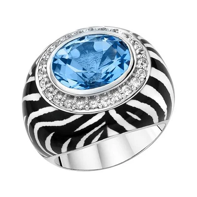 Sterling Silver Blue & White Topaz & Enamel Ring