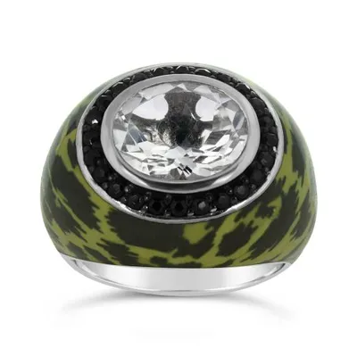Sterling Silver Green Quartz, Onyx & Enamel Ring