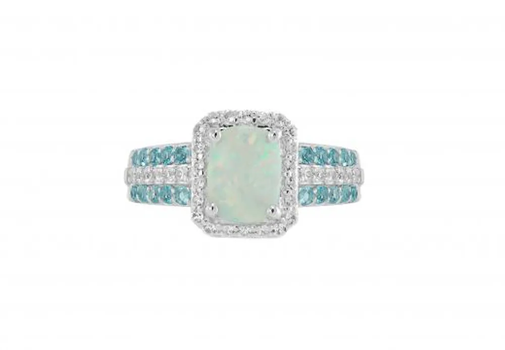 Sterling Silver Created Opal, White Sapphire & Blue Topaz Ring