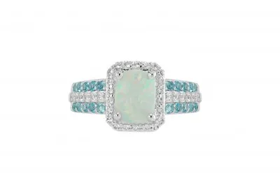 Sterling Silver Created Opal, White Sapphire & Blue Topaz Ring