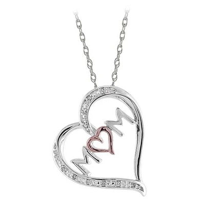 Sterling Silver & Rose Gold Diamond Mom Heart Pendant