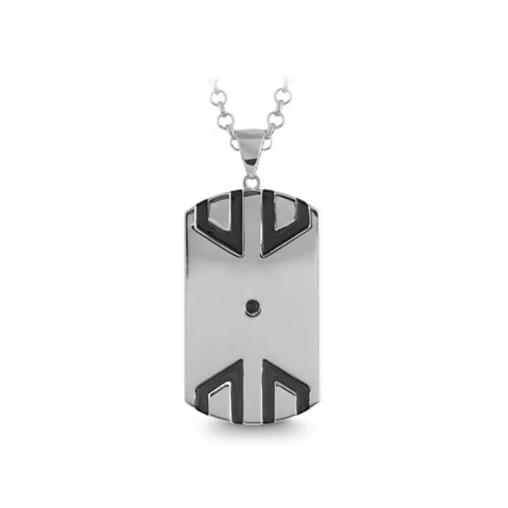 Sterling Silver Men's Black Cubic Zirconia & Black Enamel Tag Necklace